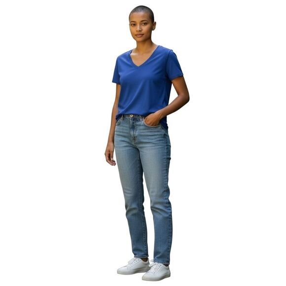 Universal Standard Rayon Jersey Elbow Sleeve V-Neck Top Mazarine Blue 4XS (0-00) - Picture 3 of 12